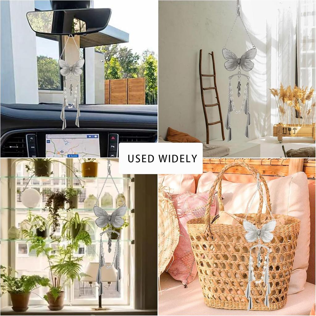 ORIESSE Butterfly Car Decor,Cute Hanging Car Charms for Rear View Mirror | Silver Butterfly Wind Chime Dangling Aesthetic Ornament Pendant for