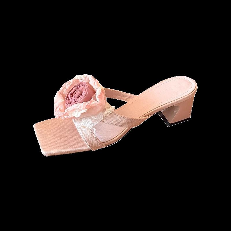 Oil painting is in full bloom! French temperament smudged rose cool slippers women's 2025 summer new thick heel Muller high heels