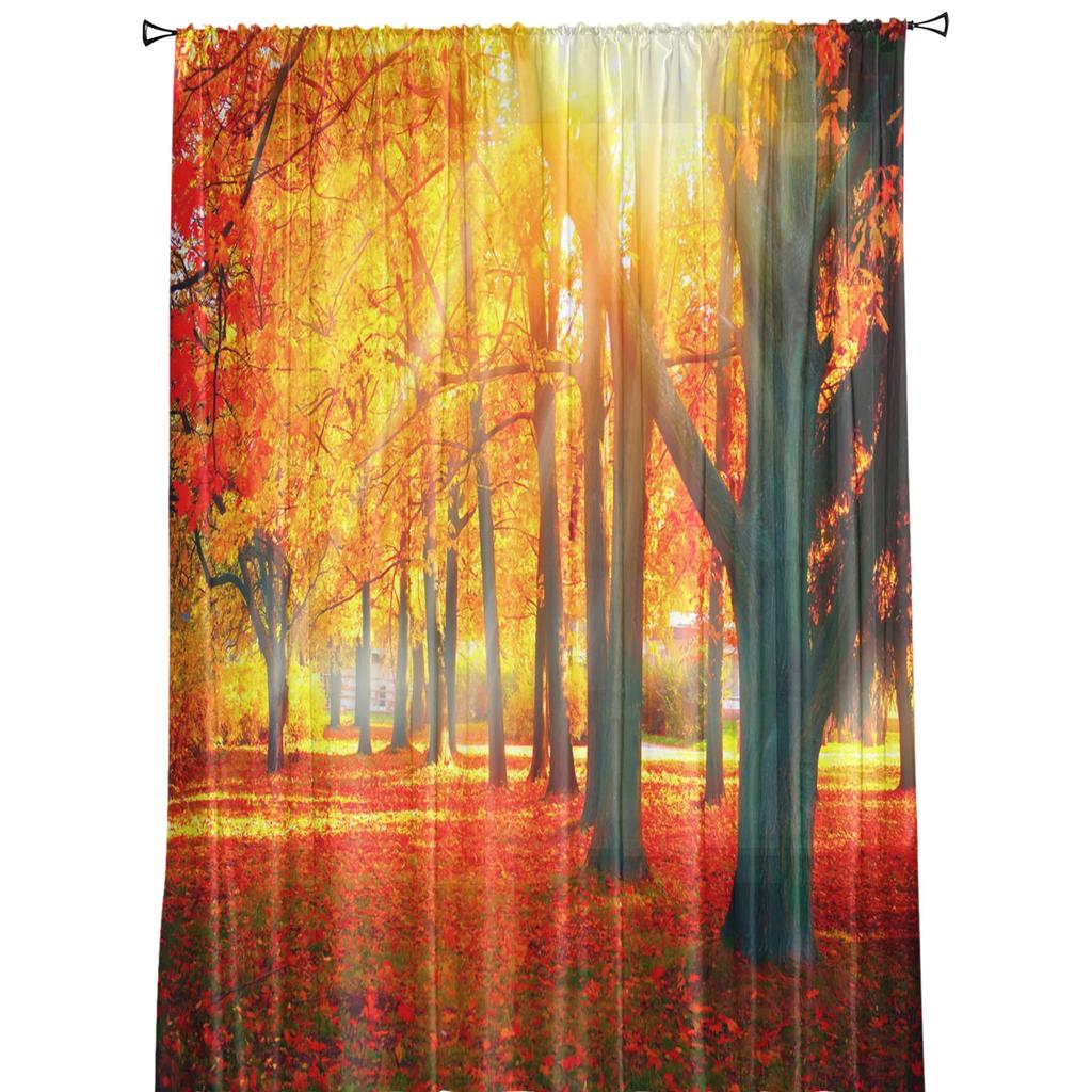 Maple Leaf Autumn Forest Landscape Tulle Curtains Living Room Bedroom Decoration Voile Window Party Drapes Curtain Sheer Polyester Ideal For Area