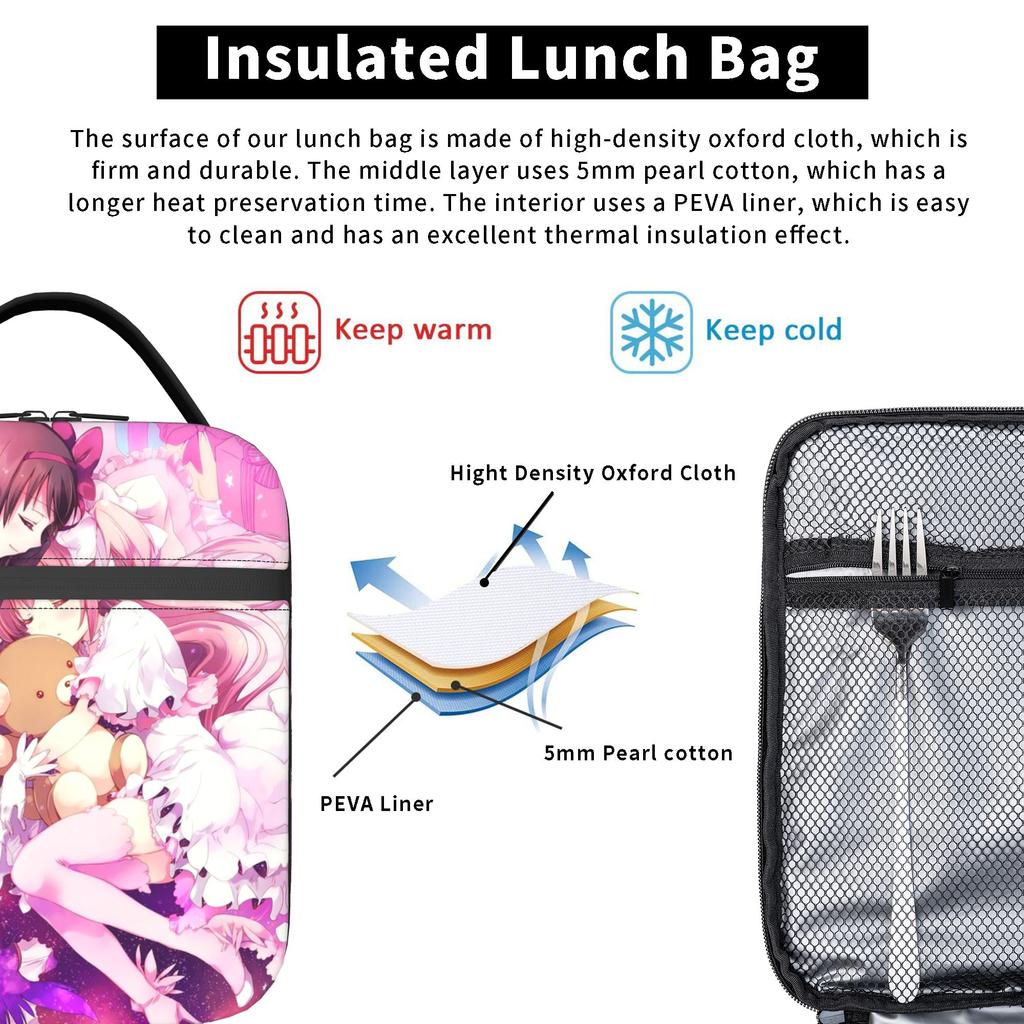 Akemi Kaname Anime Insulated Lunch Bags Portable Puella Magi Madoka Magica Lunch Container Cooler Bag Tote Lunch Box Work