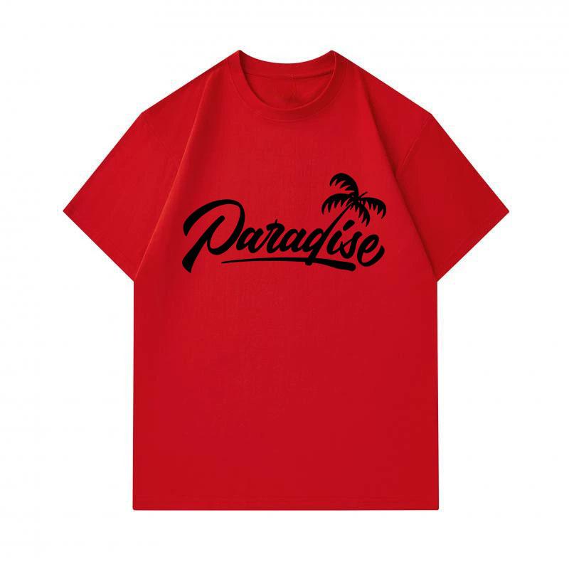Men's 100% Cotton Crew Neck Short Sleeve T-Shirt, Casual Paradise Palm Tree Cursive Graphic Print Soft Breathable Summer Tee for Daily Outdoor Wear