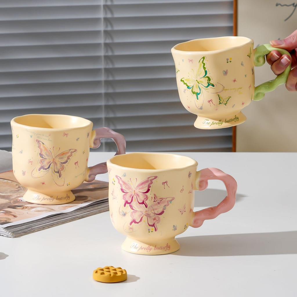Retro Butterfly Ceramic Mug, Large-Capacity Breakfast Cup, High-Value Couple Water Cup, Home Office Female Gift