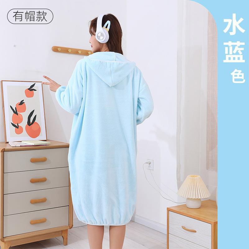 Women's Long Bathrobe Absorbent Bath Towel Coral Fleece Thickened Home Hooded Long Sleeved Bath Skirt