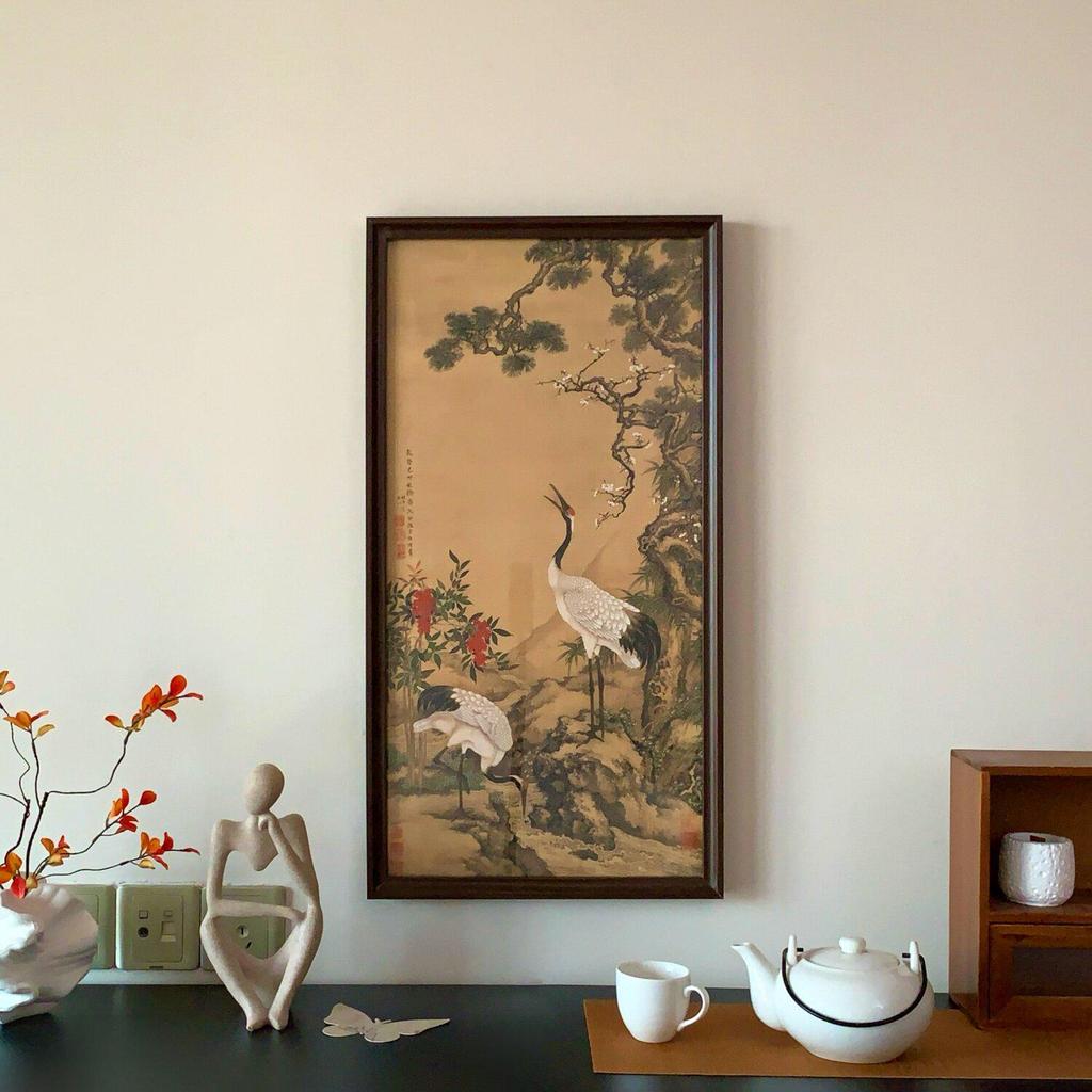 Chinese Pine & Crane Longevity Wall Art - Framed Replica for Living Room, Entrance, Tea Room, or Homestay