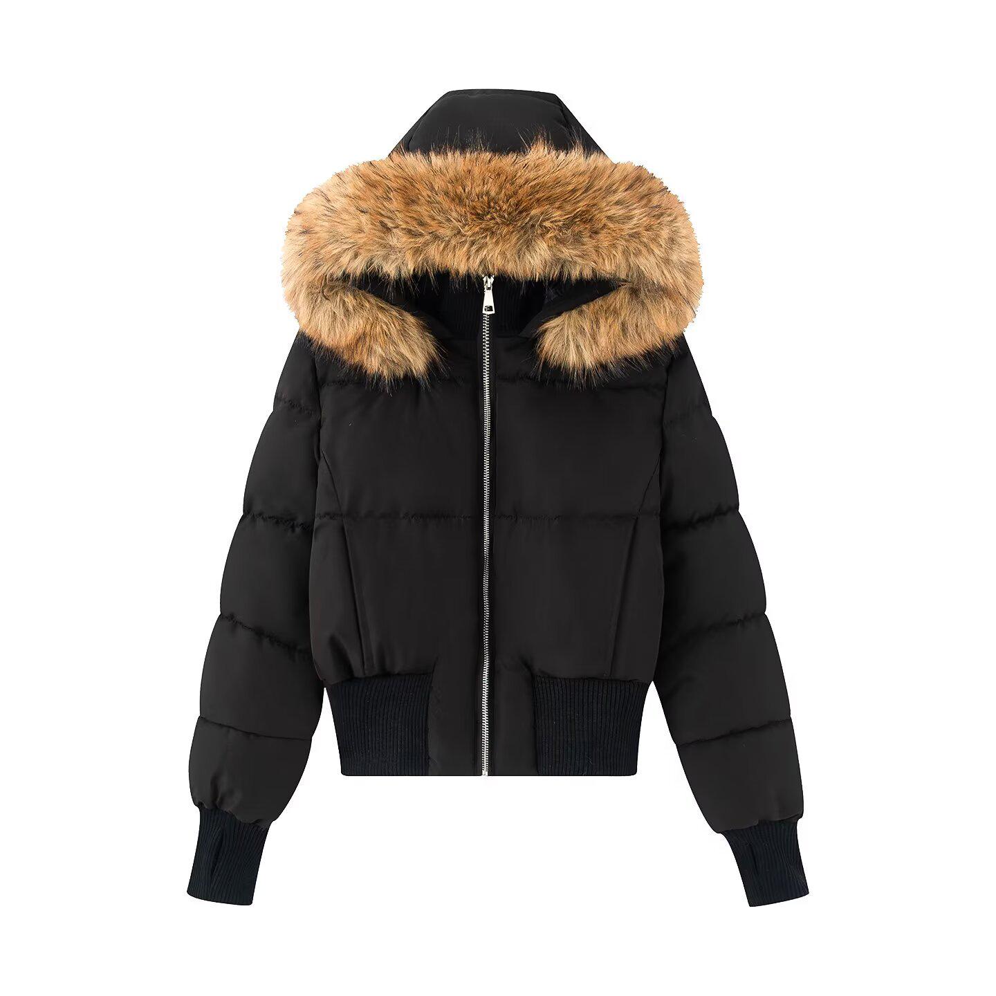 

Women s Fashion Fur Collar Hooded Zipper Cotton Jacket Large (L) чорний