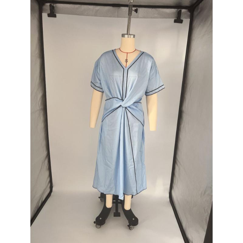 Women's Boho Contrast Trim Maxi Dress V Neck Short Sleeve Twist Waist Loose Elegant Summer Casual Office Vacation Long Dress