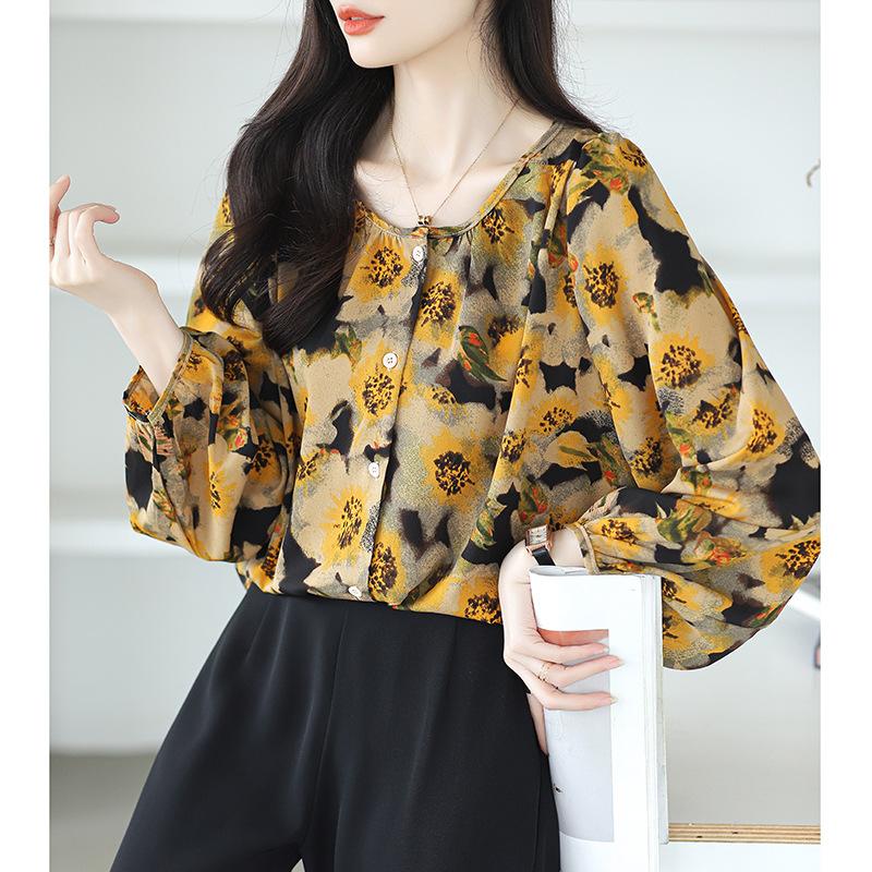 French Style Light Cooked Loose Comfortable Round Neck Bubble Sleeve Sweet Floral Shirt