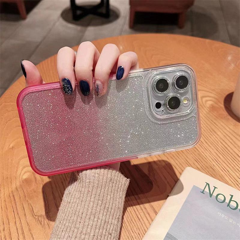Luxury Gradient Color Glitter Paper 2-in-1 Case for iPhone 15 Pro Max 14 13 12 Pro 11 Full Cover with Glitter Lens Film Cover