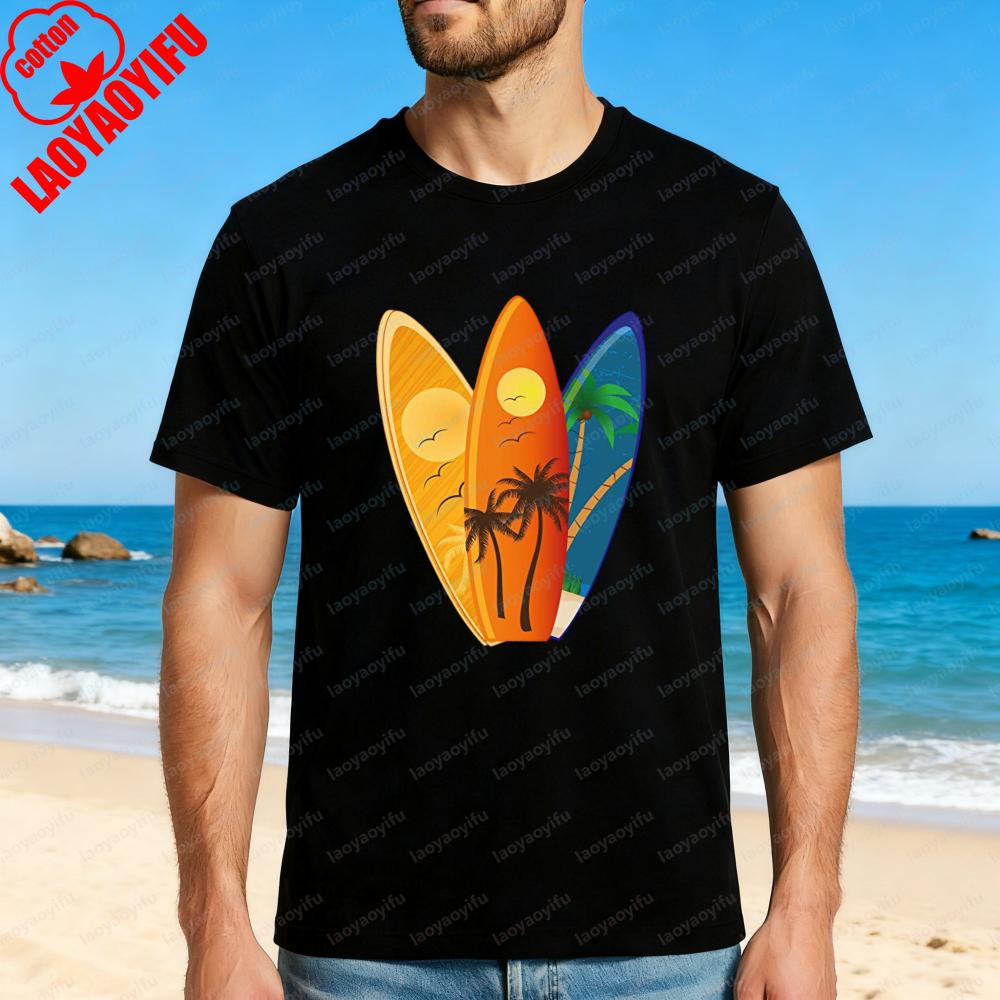 Surfboard Palm Tree Sunset Design Unisex Cotton TShirt Beach Summer Vacation Tops Casual Wear for Men and Women Classics Tee S