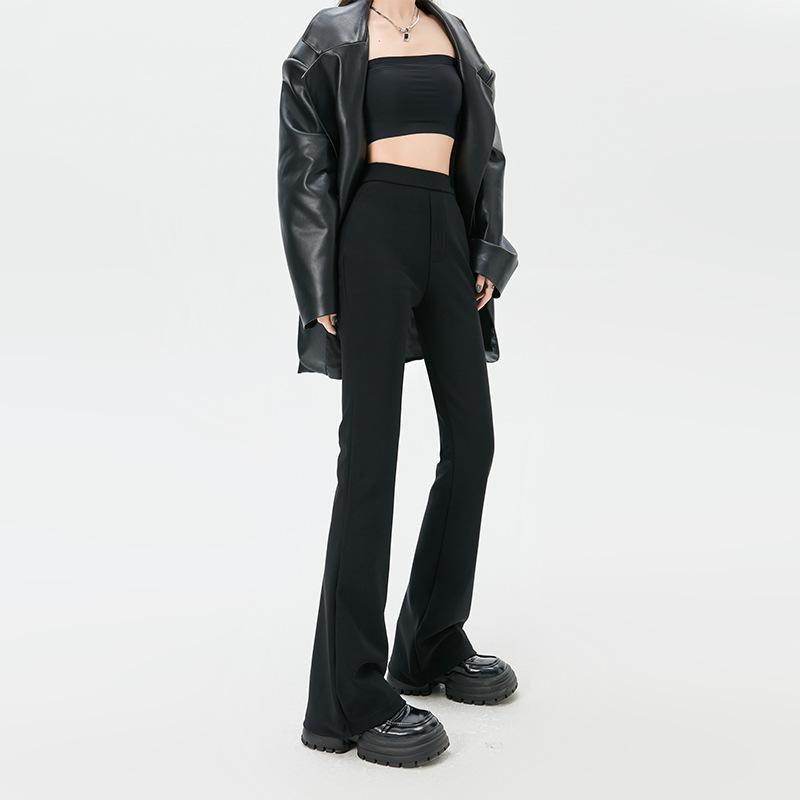Black Suit Flared Pants Women's Spring Autumn High Waist Slit Trousers Elastic Slimming Trousers Korean Fashion