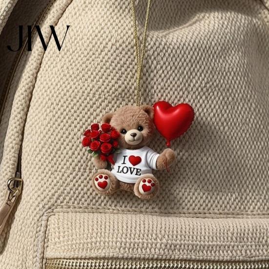 Klar Bedruckter Acryl-Anhänger Teddybär Hängendes Ornament, Hält Herz Ballon Rotes Rosenstrauß Dekoration, Kleines Romantisches Andenken Auto