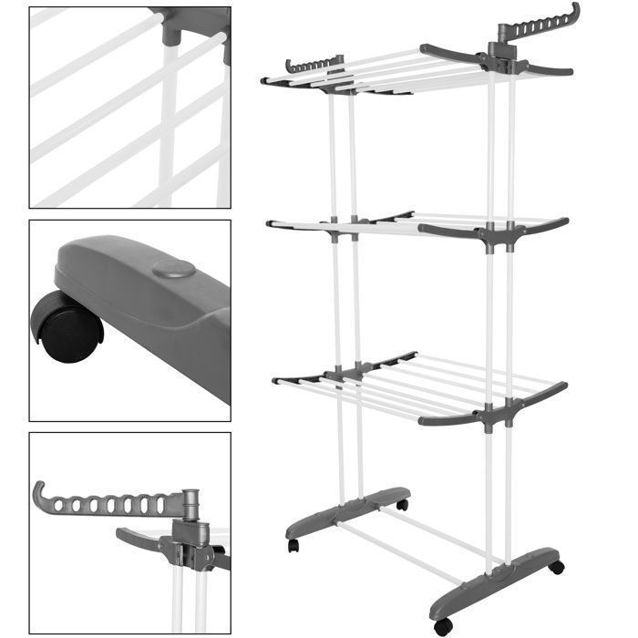 Séchoir à linge sur roulettes - SPRINGOS - 4 niveaux - Ailes pliables - Capacité 15 kg - Design compact