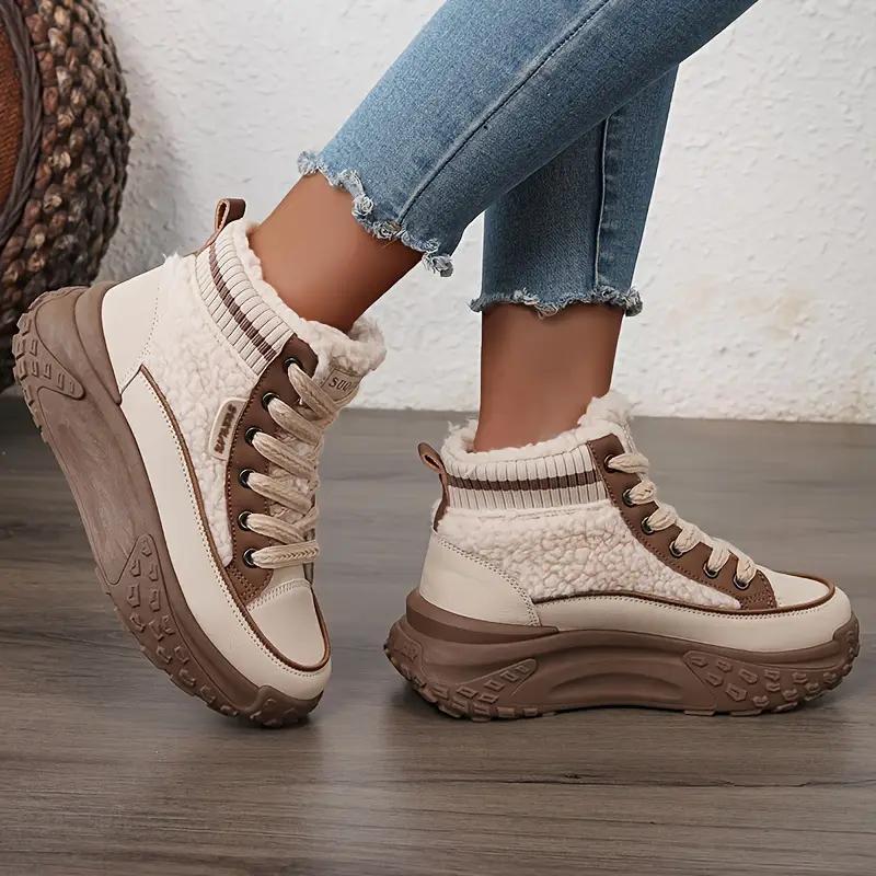Women'S Warm High-Top Sneakers Faux Fur Lining - Brown Beige Round Toe Thick Sole Casual Comfort Shoes