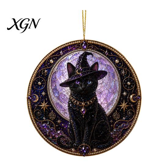 Precious Memory Commemorative Black Cat Pearl Diamond Art Painting Ornament, 2D Flat Acrylic Valentine Day Romantic Present Hanging Suncatcher, Beaded