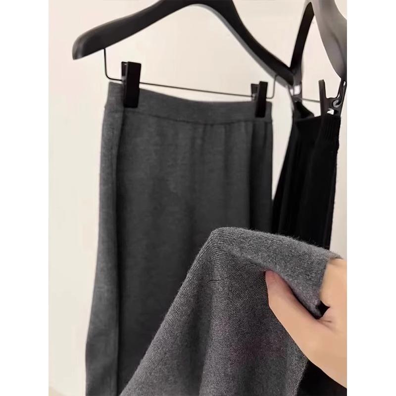 Gray Wool Elastic Waist Knitted Skirt for Women In Autumn and Winter Latest Style Temperament Small Hip-packing A-line Skirt