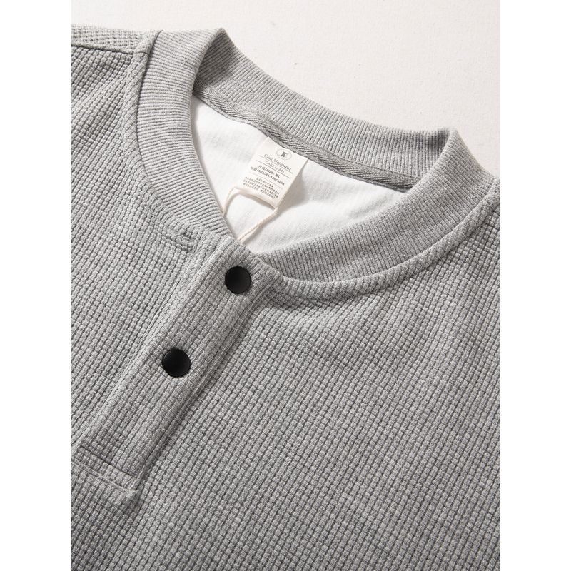 Henry Collar Sweatshirt for Men, Autumn Season, Heavy Texture Pullover Long-Sleeve Top, Waffle Pattern Casual Loose Base Layer Jacket, Trendy