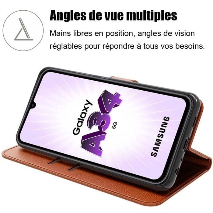 2 Verres Trempés + Coque pour Samsung Galaxy A34 5G Marron Anti-Rayure Antichoc Effet Cuir
