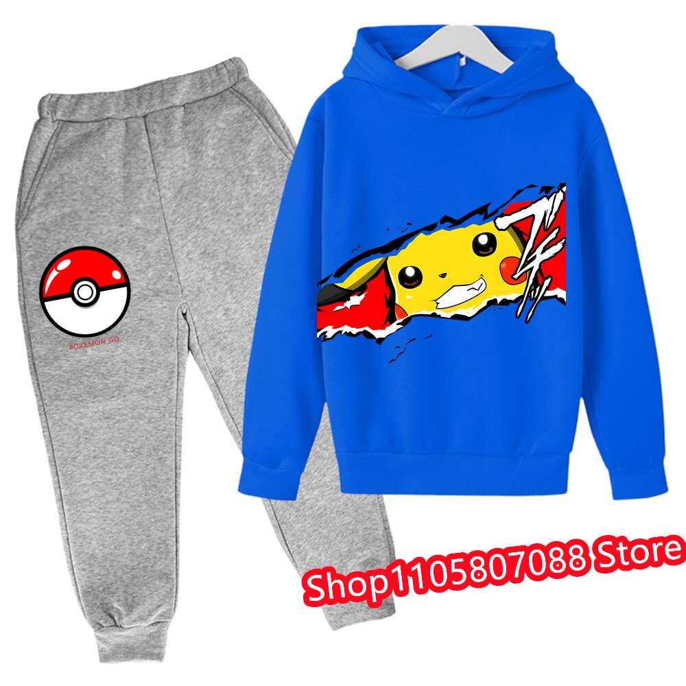 2026 Jaro Podzim 3-14 let Děti Pikachu Kreslená Mikina Set Oblečení pro Kluky Outfit pro Holky