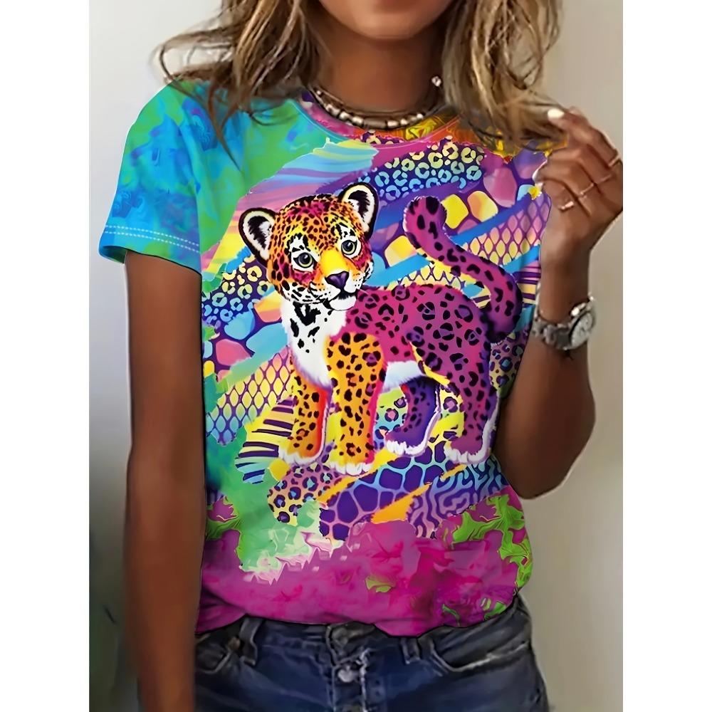 2026 Summer Round Neck Women's T-shirt Fashion 3D Kitten and Puppy Animal Print Short Sleeve T-shirt Cartoon Casual Top