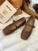 Splicing square head, thin, shallow mouth, flat-soled single shoes for women's 2025 spring new one-word belt, comfortable with skirt, grandma shoes