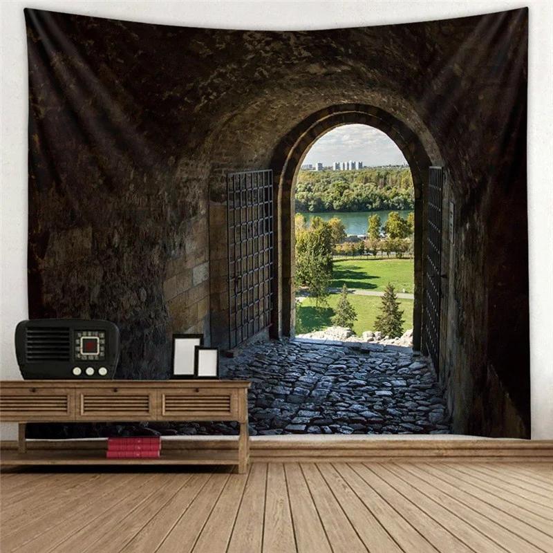 Bookshelf Tapestry, Digital Illustration Of Abstract Design Library In Forest Academic Themed Picture, Wall Hanging Wall Decor