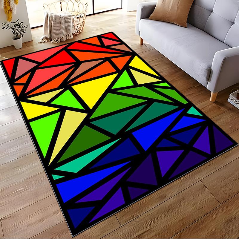 Abstract Rainbow Geometric Pattern Area Rug. Non-slip rug suitable for living room and bedroom sofas.