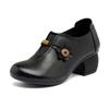 Johnature Genuine Leather Pumps Retro Round Toe Thick Heel Soft Sole Solid Color Versatile Women's Shoes