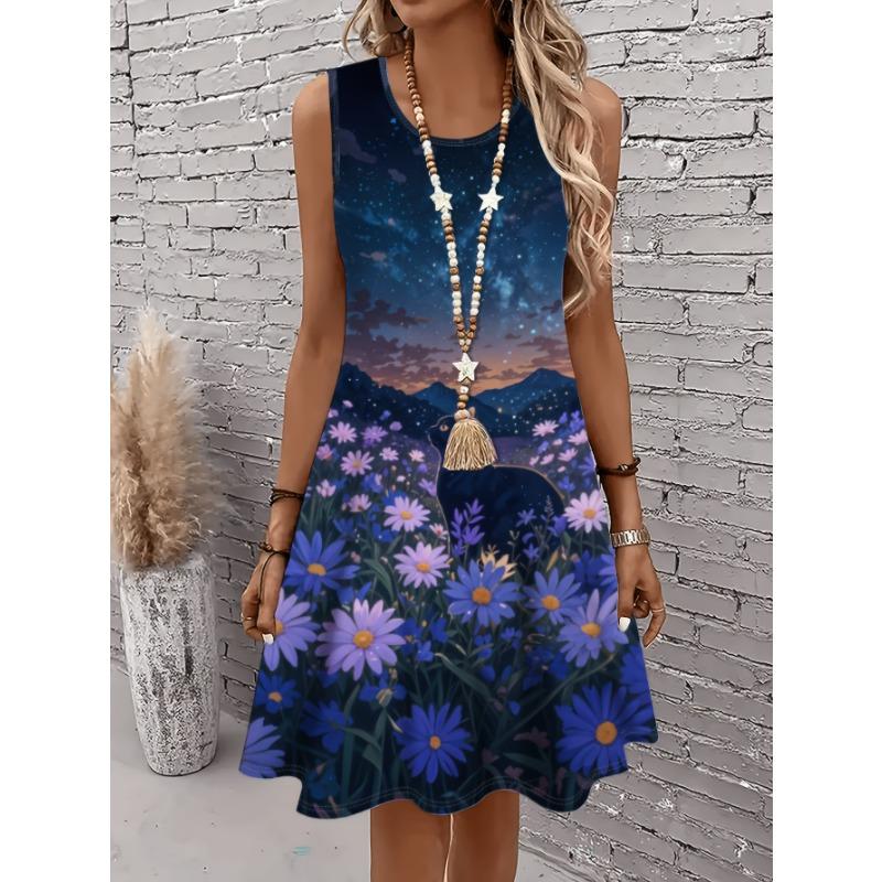 

Women s Plus Size Summer Sleeveless A-Line Dress Navy Blue Floral Print with White Daisies Y2k Ladies Clothes Casual XL