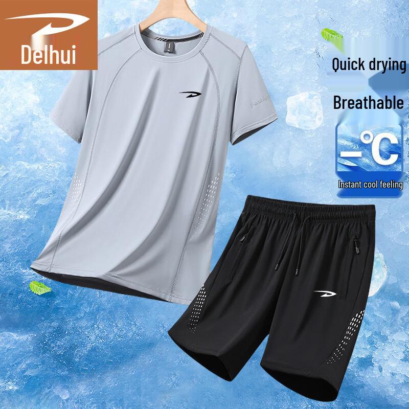 DelHui Men s Summer Ice Silk Quick-Dry T-Shirt & Shorts Set L