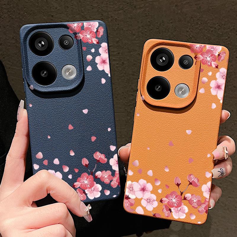 Sakura Blumenmuster Weiche Matte Hülle Für Xiaomi 13T Poco X7 X6 M6 Pro Redmi Note 14 13 Pro 12 11 TPU Ledertextur Stoßfest Schlanke Handyhülle