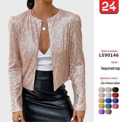 Chaqueta de Mujer Primavera 2025 Colorblock Lentejuelas Cuello Alto - Moda Casual Europea y Americana