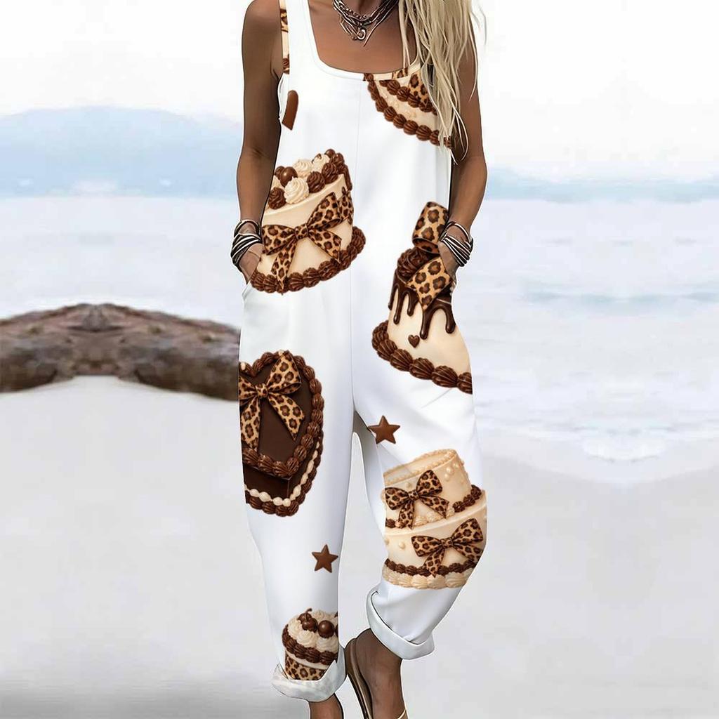 Women Plus Size Sleeveless Strap Jumpsuit White Leopard Football Helmet Print Loose Overalls With Pockets