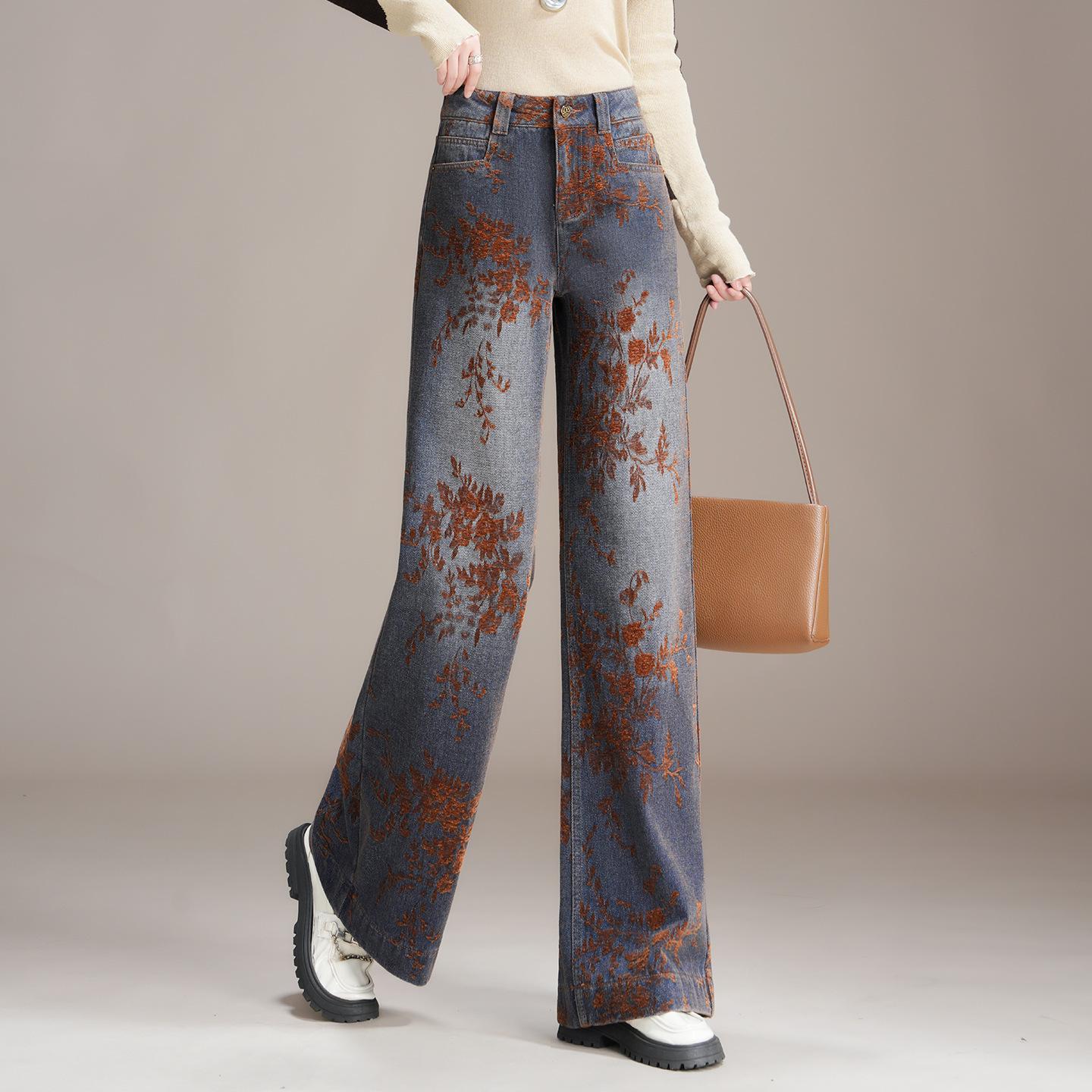 Women s Blue Retro Chenille Jacquard High-Waist Wide-Leg Jeans - 2025 Autumn/Winter Collection Size 30