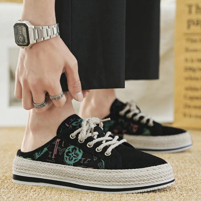 Fashion Canvas Slippers for Men Original Designer Luxury High Quality Mens Loafers Comfort Baotou Half Sandals Zapatos De Hombre