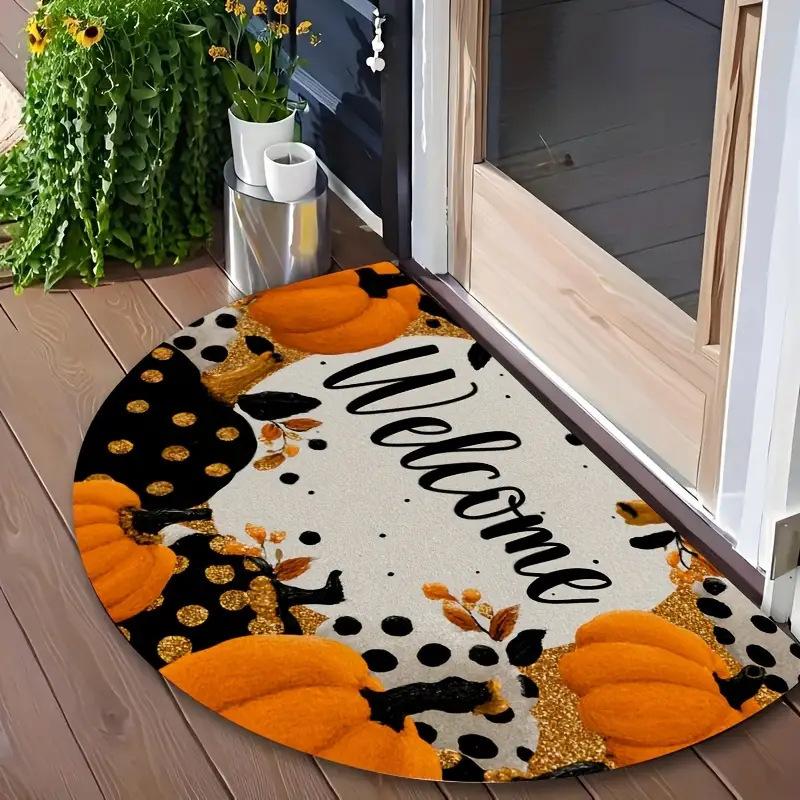 VIKAMA Autumn Thanksgiving Half-Circle Floor Mat - Maple Leaf Pumpkin - Indoor and Outdoor Entrance Door Mat for Home Decoration
