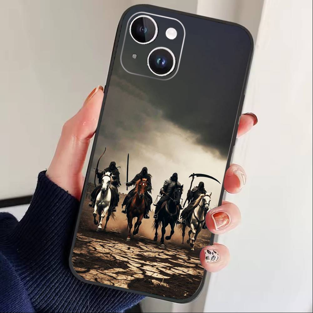 Anti-war F-Four Horsemen Apocalypse Phone Case For iPhone 17 16 15 14 13 12 Max Plus Silicone Black Cover