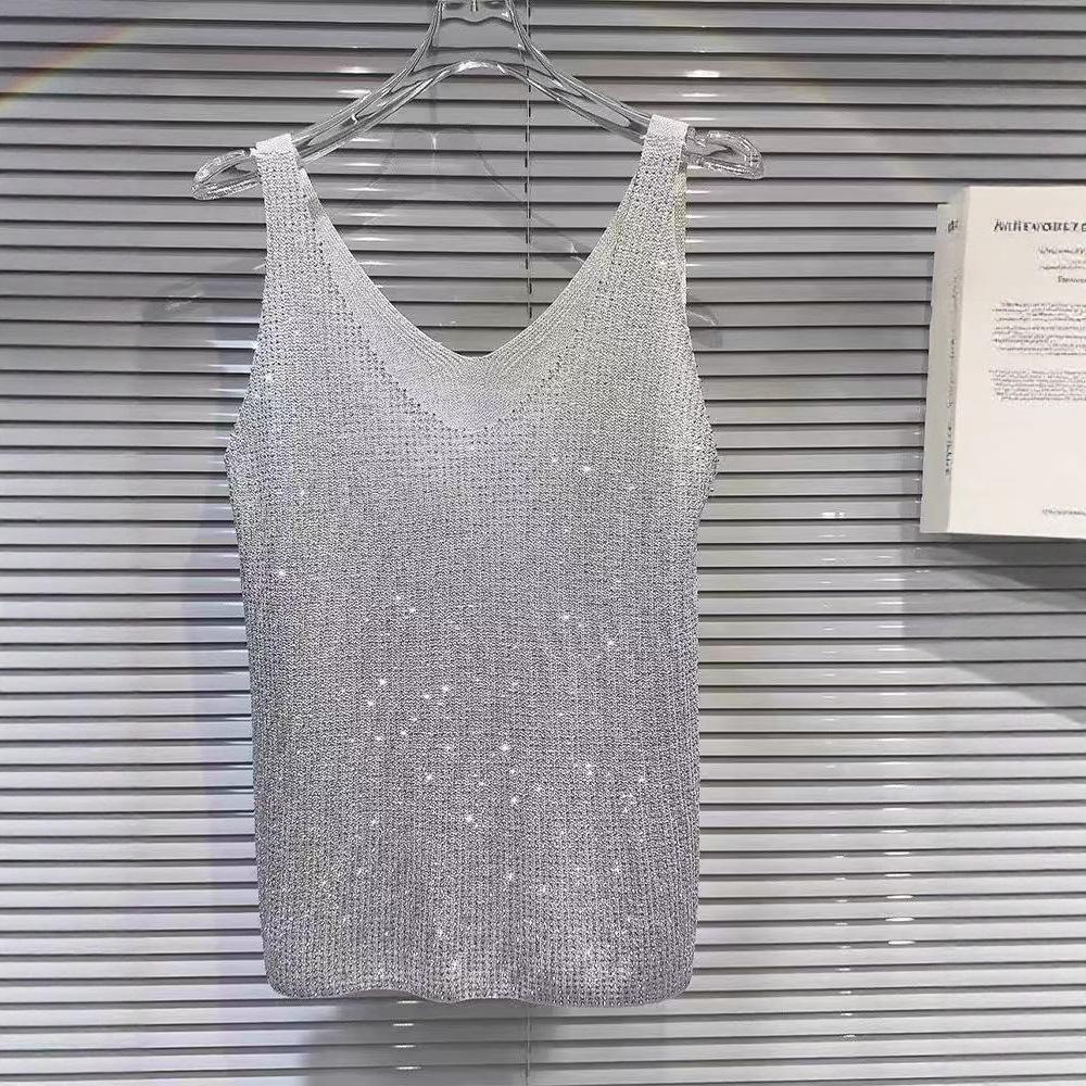 Spicy Girl Hot Diamond Collar Knitted Strap Top Women's Full Diamond Sparkling Unique Loose Western Style Versatile Top