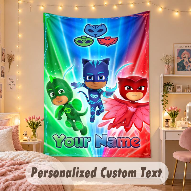 Custom Personalized Tapestry,PJ Mask Print Custom Name Text Wall Art Hanging for Bedroom