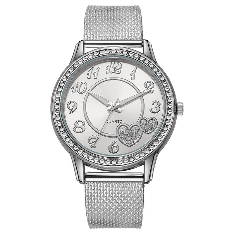 Rose Gold Peach Heart Mesh Quartz Watch with Diamond Inlay for Women