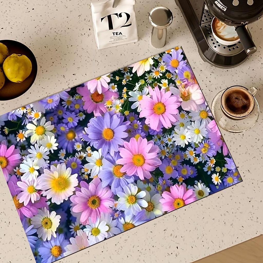 1Pcs Rubber Drying Mat With Colorful Daisy For Coffee Shop Restaurant Kitchen Carpet Tableware Durable Diatom Mud Table Mat Pet Mat Coffeeware