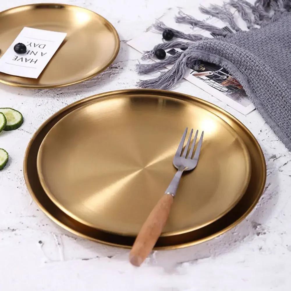 14/17/20/23/26CM Gold Silver Fruit Meat Cake Dessert Shallow Tray Round Plate Metal Dining Disc Bone Spitting Dish