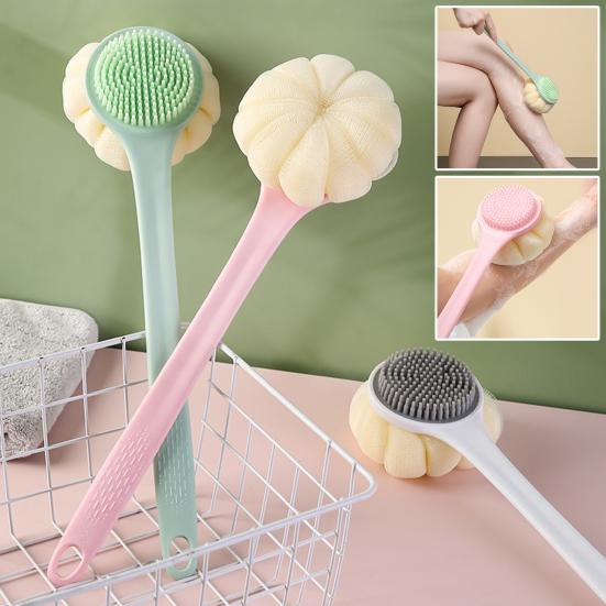 Badebürste mit verlängertem Griff, doppelseitig, vergrößertes Badeblasennetz, weiche Borsten, Badebürste zum Schrubben