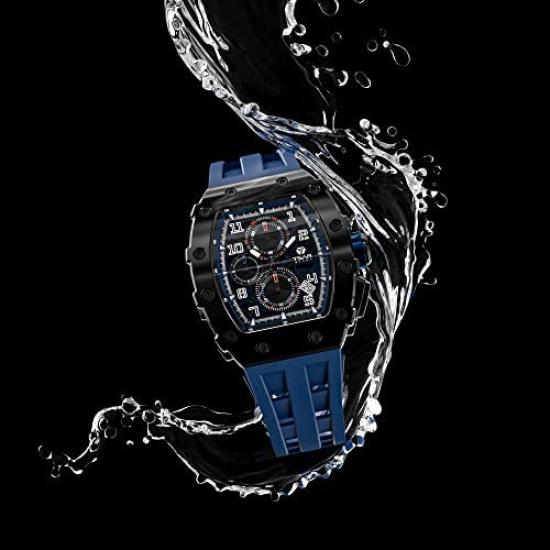 TSAR BOMBA Water Resistant To 5 Luxurious Tonneau Stainless Watch In Black and Blue Men's Wristwatch, ATM, Shape, Steel, Business, Sports, Luxury,