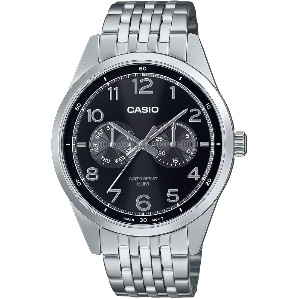 Casio Standard Quartz Men's Watch MTP-E340D-1AV Multi-Calendar 7-Link Band Silver Black