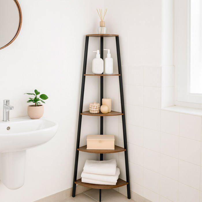 Étagère d'angle - AKTIVE - 30x30x135 cm - 5 niveaux - Acier et bois - Montage facile - Style industriel - Capacité 15 kg