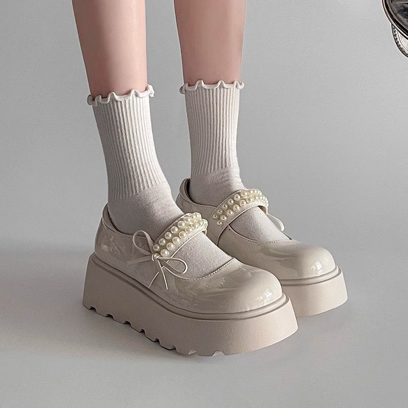 Retro Pearl Bow Mary Jane Shoes 2025 Autumn New Platform Single Shoes Japanese Jk One-pedal Small Leather Shoes