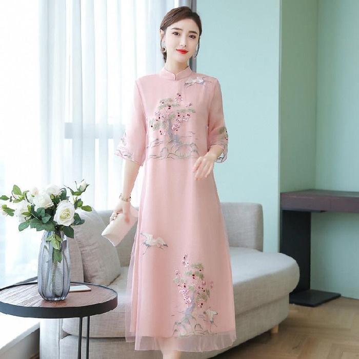 Donne Cheongsam Abito Migliorato Retro Elegante Ricamo Abiti Lunghi Abito da Festa Floreale Abbigliamento Cinese Femminile di Alta Qualità