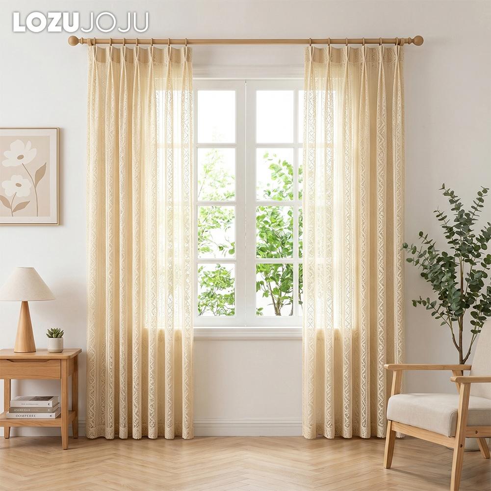 1PC LOZUJOJU Bohemian Hollow Lace Curtain Beige Retro Translucent Sheer Curtain Wimdow Tulle for Living Room Bedroom Home Decor