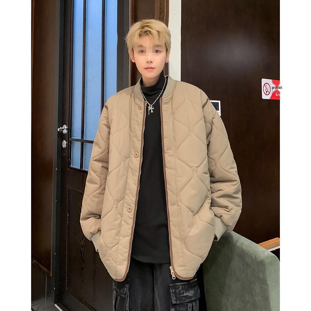 

Men s Japanese-Style Cross-Diamond Stand Collar Baseball Cotton Jacket - Warm, Casual, Loose Fit for Autumn and Winter XL