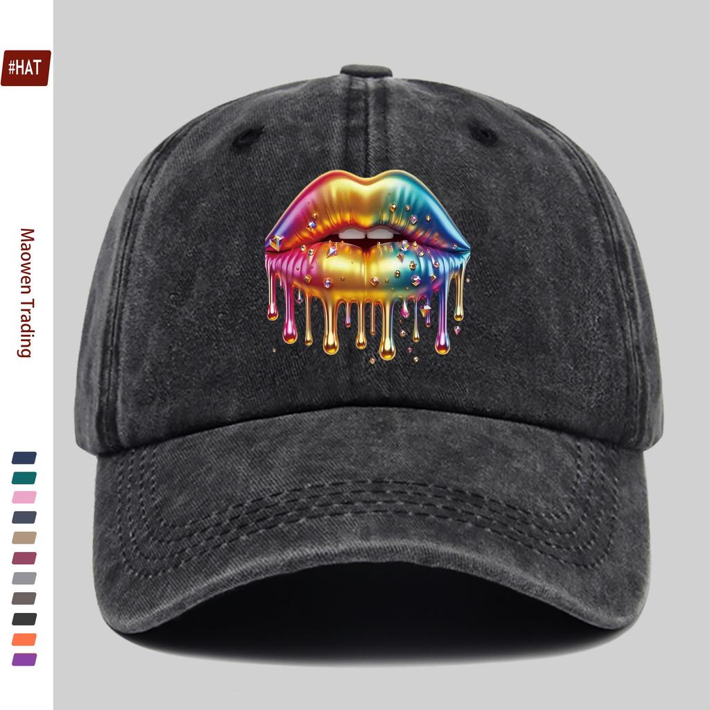 Pc Glossy Rainbow Lip and Sparkling Print Baseball Cap Simple Design Sun Hat Trucker Decorative Hat Adjustable Buckle Strap